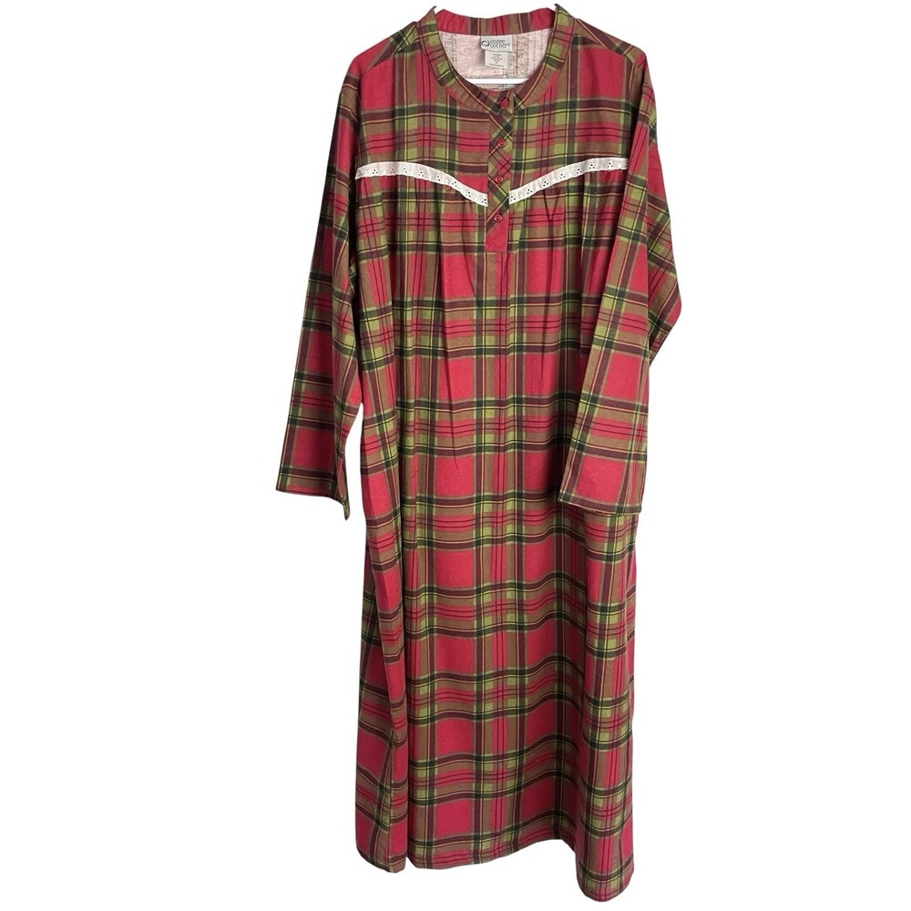 Cozee Corner Womens Flannel Nightgown Size 2X Red Plaid Popover Long Sleeve‎